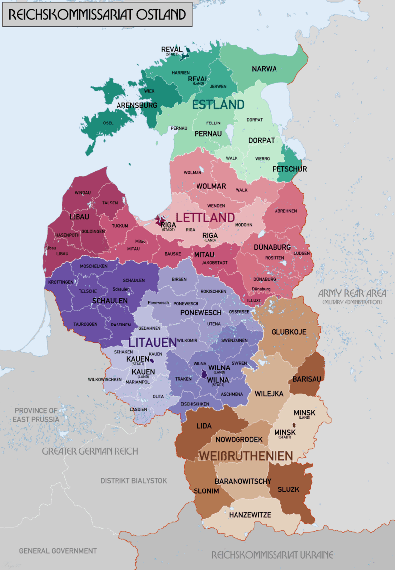 Ostlandes karte ar Igaunijas, Latvijas, Lietuvas ģenerālkomisariātiem 